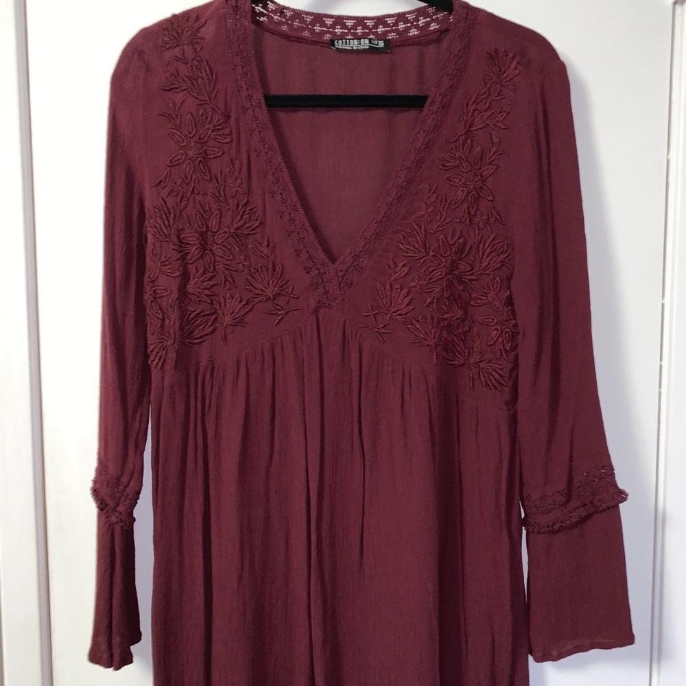 Cotton-On Long Sleeve Maroon V-Neck Dress